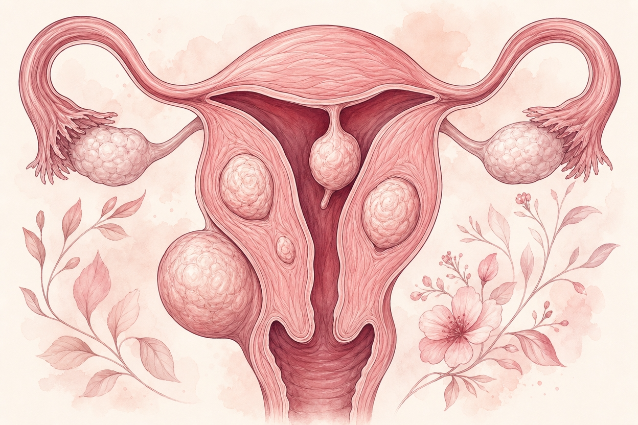 Soft anatomical illustration of uterine fibroids