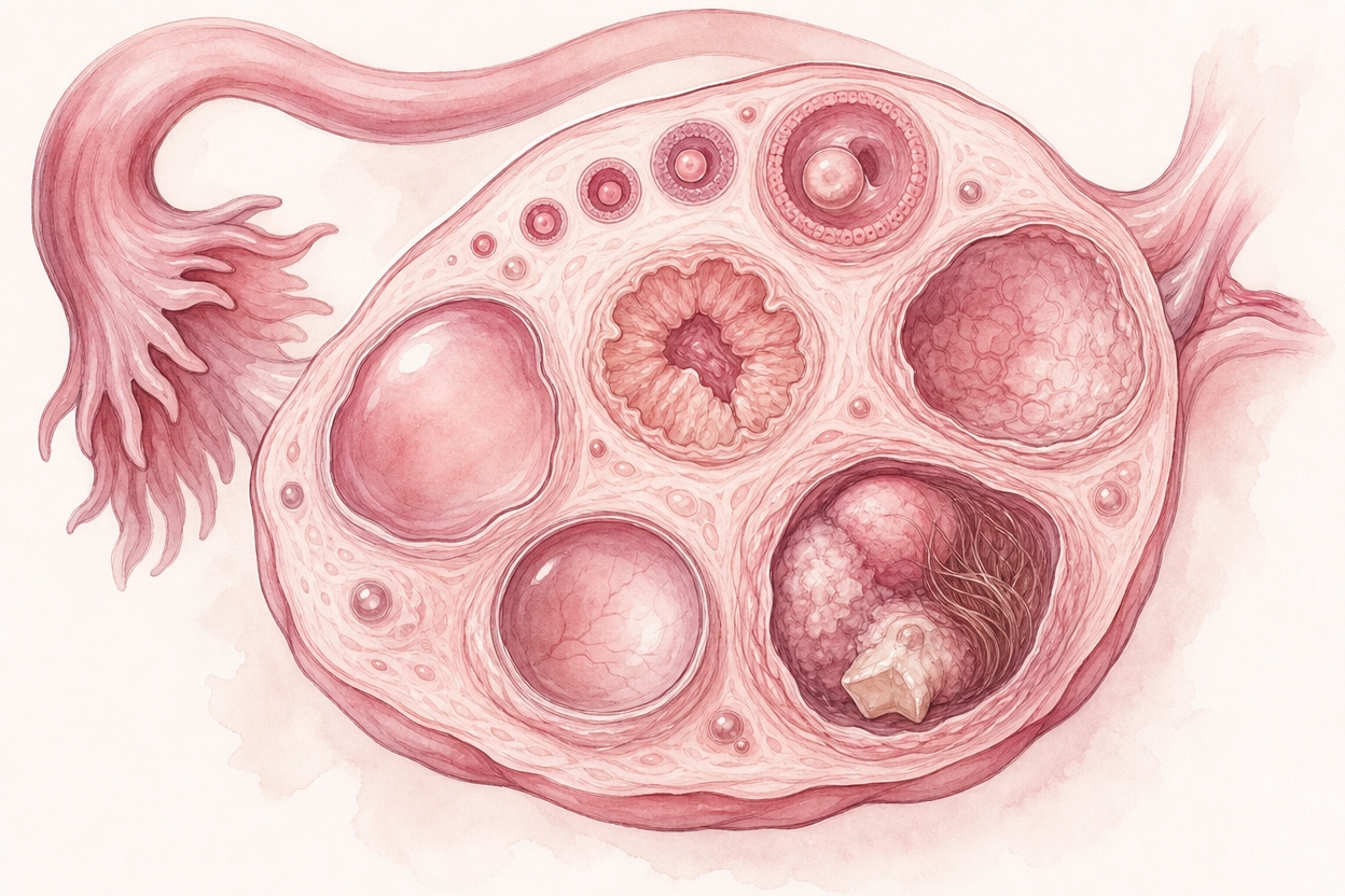 Soft anatomical illustration of ovarian cysts