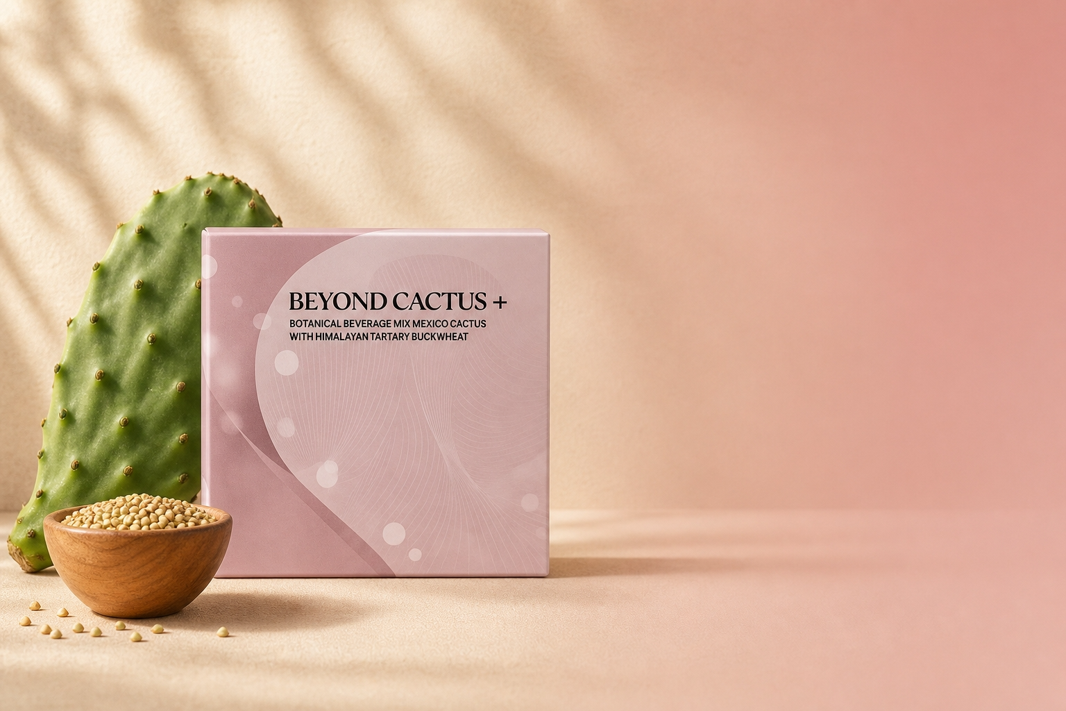 Beyond Cactus+ daily-ritual sachet box on linen with cactus paddle and buckwheat