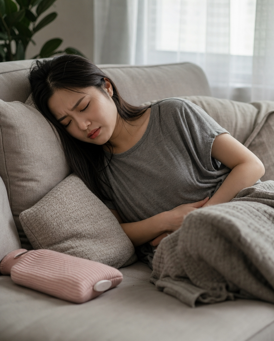 Woman resting on a couch, hand near her lower abdomen, signaling heavy menstrual cycles
