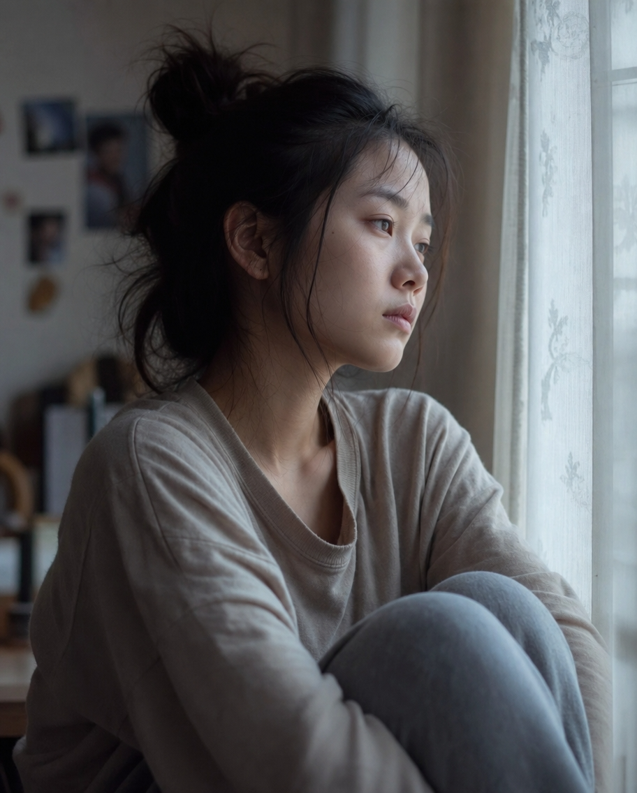 Woman looking out of a window in contemplative natural light, conveying mood shifts
