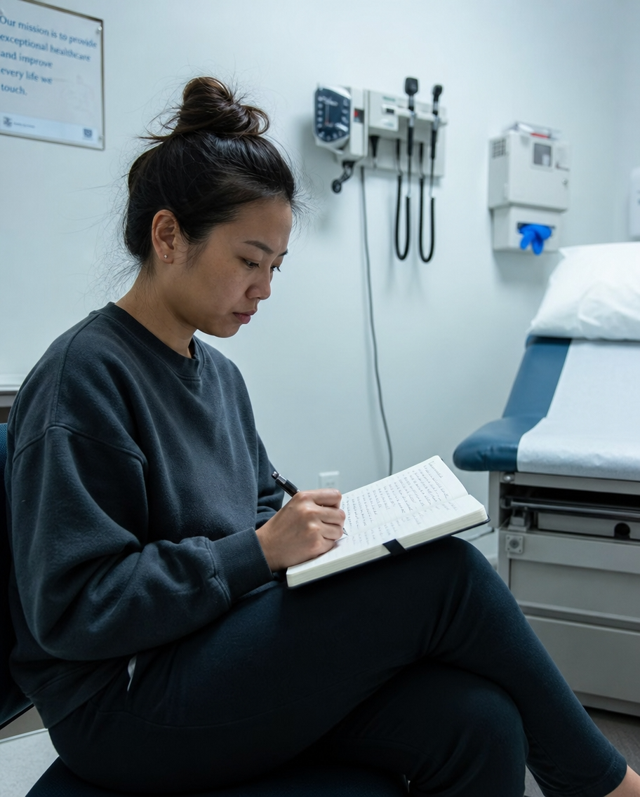 Woman in a clinic journaling questions, conveying frustration with watch-and-wait medical advice